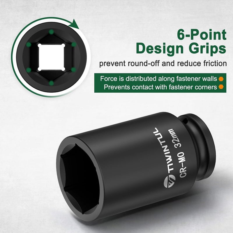 TIWINTUL 32mm Impact Socket 1/2 Inch Drive, Deep CR-MO Steel Impact Socket, 3.07" Length, 6 Point Design, Metric Size, Axle Nut Socket for Easy Removal of Axle Shaft Nuts - Image 3